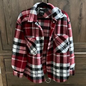 Zara Women's Red and Black Plaid Teddy Jacket